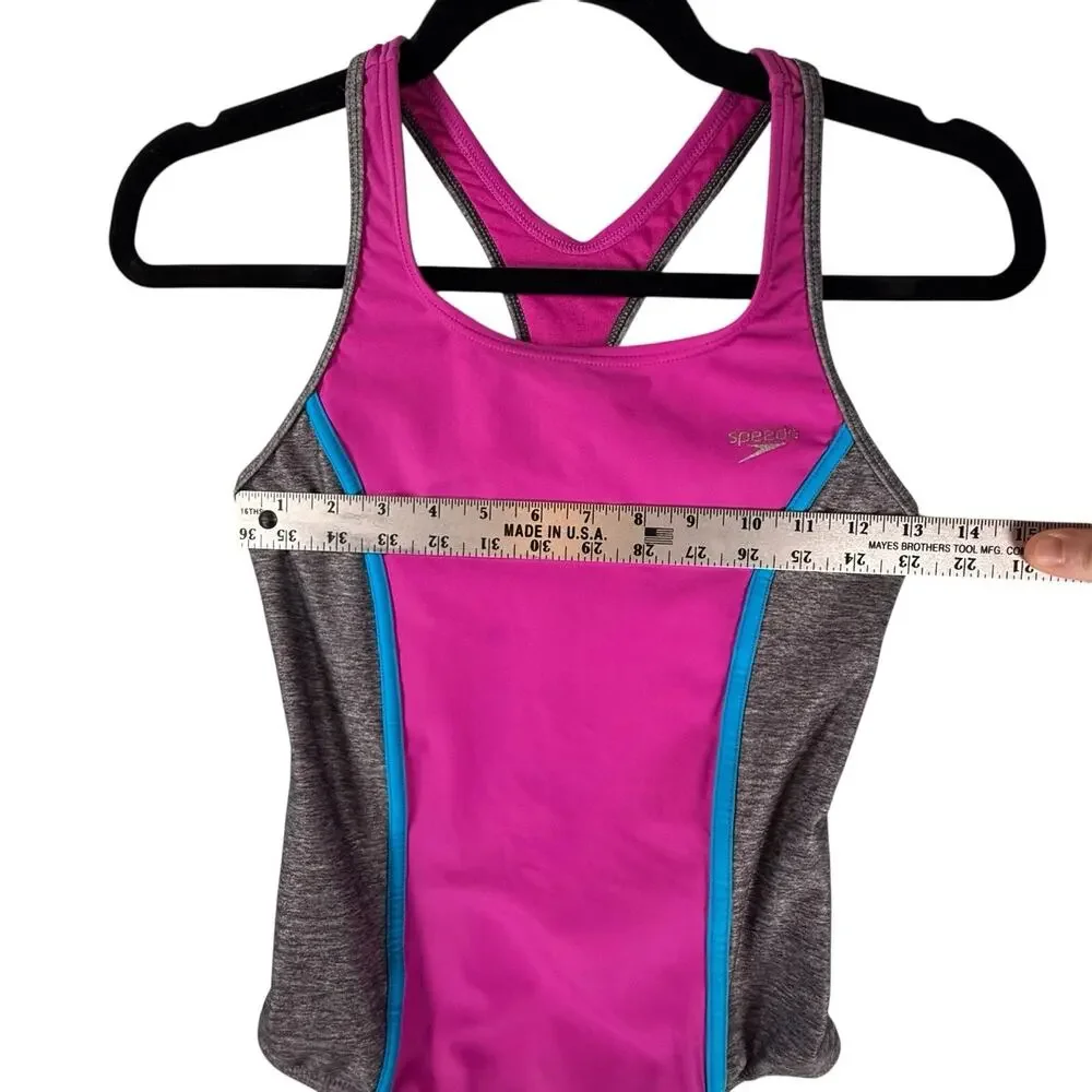 SPEEDO Girls SIZE 14 Fuchsia Pink Gray 1Piece Racerback Sporty Swimsuit Silicone